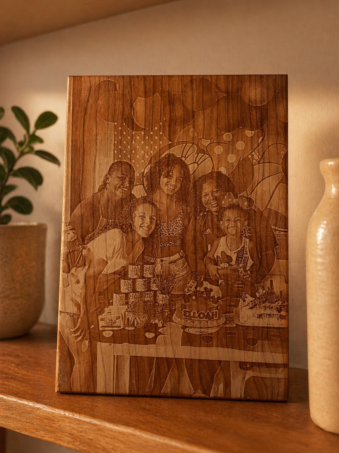 Family celebration, engraved in wood