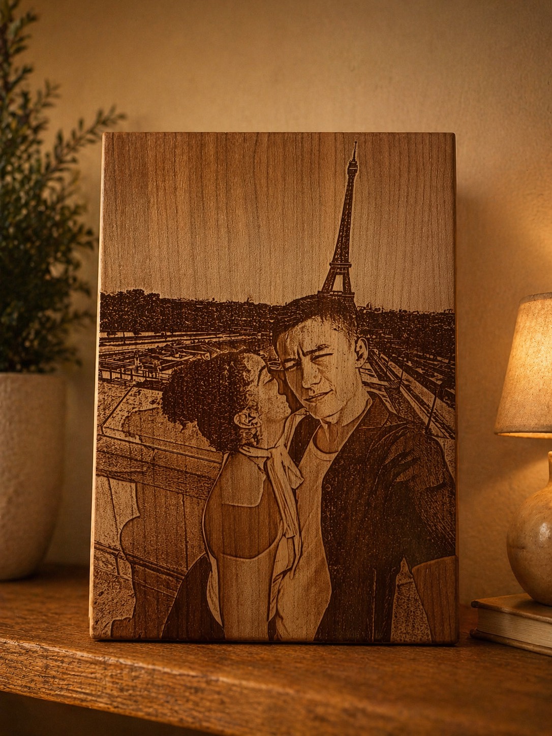 Handmade wood photo engraving of a couple in Paris with the Eiffel Tower